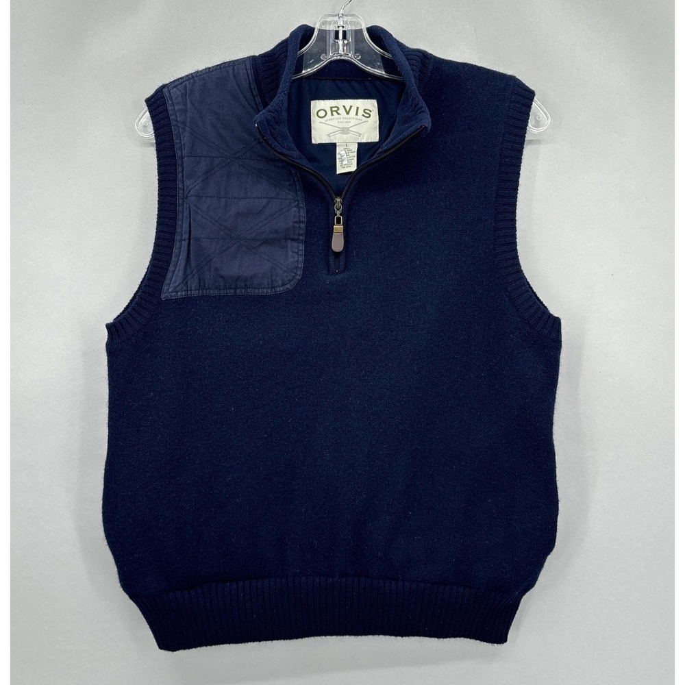 Orvis Sweater Vest Mens Large Navy Wool 1/4 Zip Lined Shooting Patch Pullover